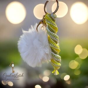 White Fluffy Pom Pom and Green Braided Keychain